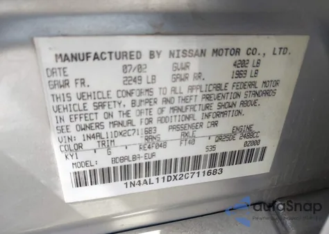 2002 Nissan Altima 2.5 Sl from USA, damaged, VIN 1N4AL11DX2C711683